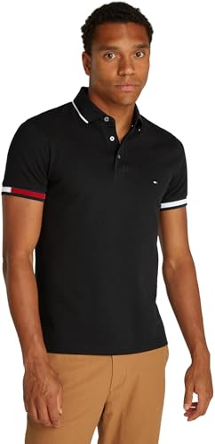 Tommy Hilfiger Herren Poloshirt Kurzarm Flag Cuff Slim Fit, Schwarz (Black), S