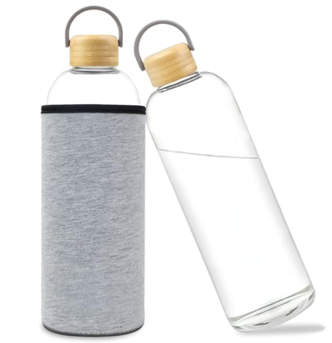 Bugudog Bottiglia di vetro da 1 litro, a prova di perdite, in vetro borosilicato, con custodia, bottiglia d'acqua per bevande calde fredde, caraffa, rivestimento in bambù per ufficio e scuola