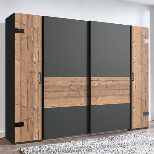 Lomadox Kleiderschrank Schwebetüren Drehtüren 2 Kleiderstangen Einlegeböden Industrial Look Graphit Fichte 272x208x65 cm