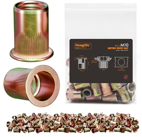 HANGLIFE Rivet Nut, M10 Metric Rivnut - Flat Head Nutserts, Zinc Plated Carbon Steel Knurled Body Threaded Insert Nuts, 40 Pieces