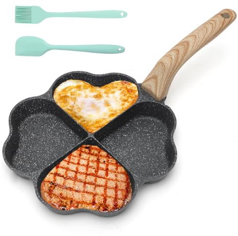 LOMUG Poêle à omelette à 4 trous - Revêtement antiadhésif - En granit - Pour plaques à induction - 4 trous - En forme de cœur - Avec 2 pinceaux - Pour cuisinière à induction, cuisinière à gaz - Noir