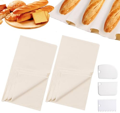 2 pcs 45 x 75cm Proofing Cloth for Bread Making, Cotton Baking Cloth for Bread with 3 Dough Scrapers, Bread Proofing Cloth Reusable Baker Cloth Bread Baking for Baguette, Bakery Bread, Pastry