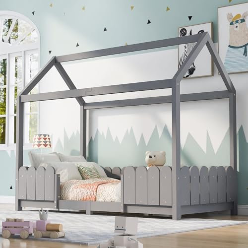 TIZZ Hausbett,vielseitiges Holz Kinderbett für Jungen & Mädchen,Mit Rausfallschutz und Lattenrost,90x200 cm(Ohne Matratze) (Grau)