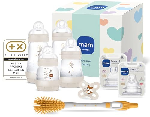 MAM Easy Start Anti-Colic Neugeborenen-Set | 0+ | Babyflaschen-Set | 94% Akzeptanz | 96% Hebammen-Empfehlung | 80% weniger Koliken | 4 Trinkflaschen, 1 Schnuller, 2 Sauger & 1 Soft Brush | beige