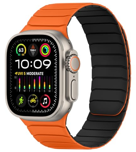 Tasikar Magnetiska remmar kompatibla med Apple Watch 49 mm 46 mm 45 mm 44 mm 42 mm mjukt ersättningsarmband i silikon kompatibelt med iWatch Ultra SE-serien10 9 8 7 6 5 4 3, Orange-svart