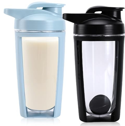 Lot de 2 shakers de protéines 600 ml, boules mélangeuses, double couche, gradués, sans BPA, anti-fuite, régime protéiné, milk-shakes fitness, noir et bleu