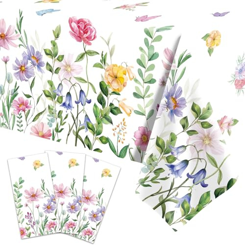 3-Piece 54 x 108 Inch Floral Spring Plastic Tablecloth - Colorful Disposable Rectangle Table Cover with Butterfly and Flower Design for Dining, Garden Parties, Baby Showers, and Outdoor Decorations