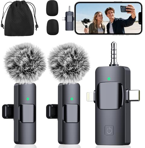 BAILIXIN 3-in-1 Microphone for iPhone, Android, Camera, Wireless Microphones, Mini Microphone, Lapel Mic with Noise Reduction, Crystal Clear Sound & 7H Battery for Recording, YouTube, Podcast