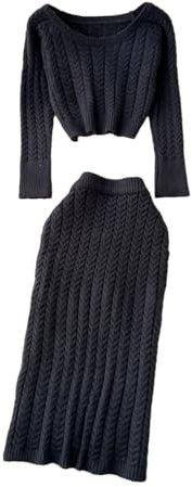 Warmes Strickset für Damen, langärmelig, Rundhalsausschnitt, kurzer Pullover + elastischer Taillenrock, 2-teilig, Schwarz , Einheitsgröße