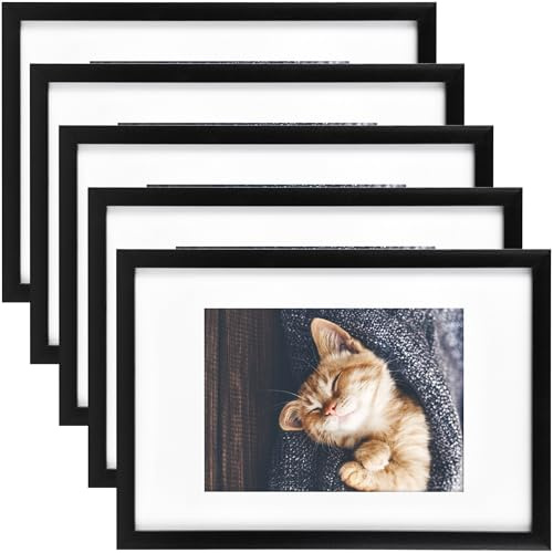 bomoe 5x Bilderrahmen Fotorahmen Collage aus Holz mit Passepartout | 13x18cm Schwarz Kunststoffglas Metall-Aufhängung Multirahmen Set für Foto Picture Photo Frame Bilderwand Wanddeko Galeria
