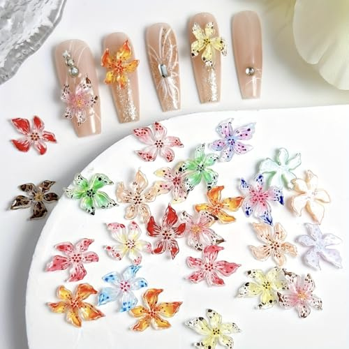 Flower Nail Charms,100Pcs Mixed Colors Flatback Lily Flower Nail Art Charms,Resin Flowers Nail Rhinestones and Gems for Women Girls DIY Manicure Design Decorations DIY Crafts (Mixed Color A)