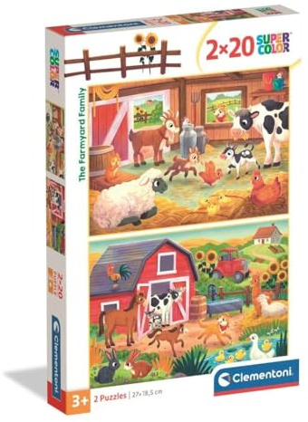 Clementoni - Puzzle per Bambini 2x20 Pezzi Supercolor, per Bambini 3+ Anni, Illustrazione Animali, Famiglia della Fattoria, Idea Regalo, Made in Italy, 27x19 cm, 24818