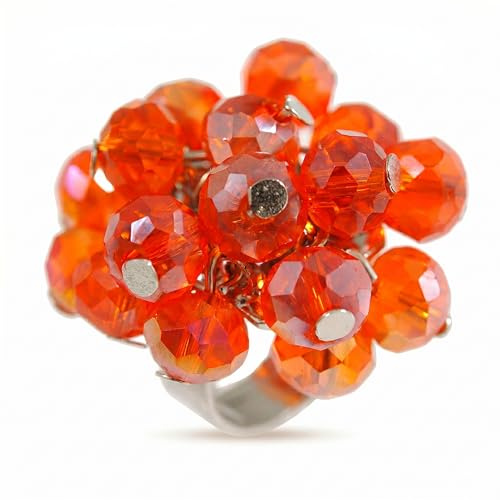 Avalaya Faceted Amber-Orange Glass Bead Ring on Adjustable Silver-Tone Band - Size 7/8 (US)