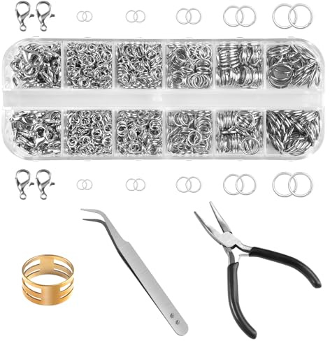 1200 Stück Schnallen Biegeringe Set mit Sprungringöffner Schmuckringel | Pinzette 4/5/6/7/8/10 mm Offener Biegeringe, Schmuck Reparatur Set Kettenverschluss für DIY Halskette Armband, Silber