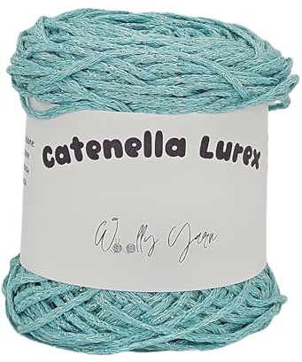 Hilo de algodón para cadena y lurex, 100 g, 125 metros, hilo para ropa, bolsos y sombreros, ganchillo 3,5/4,5 mm, ovillo de algodón viscosa y lúrex (Tiffany)
