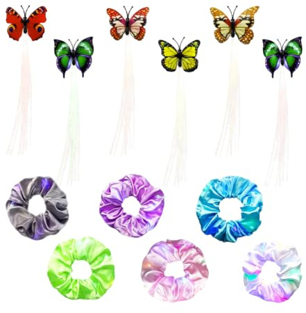 URAQT Scrunchies elastisk chiffong, LED Crunchies flexibelt hår gummi, 6 st färgglada tyg hårsnoddar lysande flicka/dam, 6 st hår med fjärilar LED, för fester, helgdagar