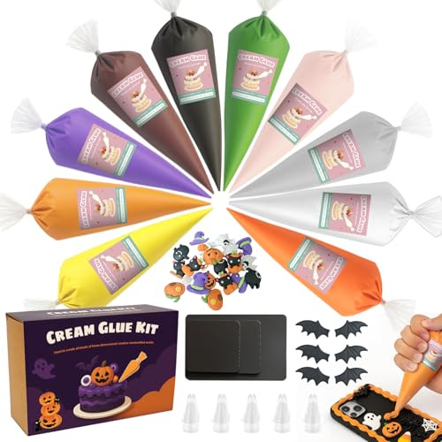 1DFAUL Halloween Cremekleber Set, 10 Farben Kunst Cremekleber mit Spritztüllen, Kühlschrankmagnet, Fledermausflügeln und Anhängern, für Bastelarbeiten, Heimdeko und Halloween Partys