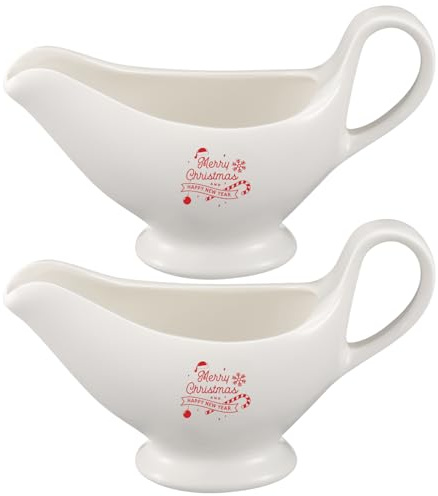 Bokon 2 Pack Christmas White Gravy Boat 8 oz Sauce Boat White Ceramic Sauce Jug with Smooth Handle Creamer Pitcher for Salad Dressing Milk Broth Microwave Dishwasher Safe for Festive Gatherings