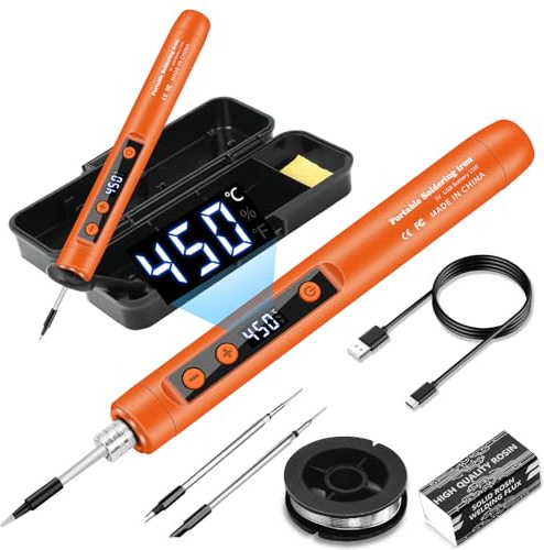 diymore Akku Lötkolben Set, USB Wiederaufladbar Lötkolben mit LCD, Temperatur Einstellbare 180-450 ℃, 3 Lötspitzen, Lötdraht, Lötpaste, lötkolben akku für Reparatur des Schweißens (orangefarbene)