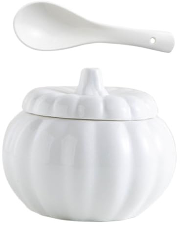 OKUMEYR Cuenco de Cerámica Blanco con Forma de Calabaza para Guisar Sopa, con Tapa y Cuchara, Adecuado para Uso Doméstico y Cocina Tradicional