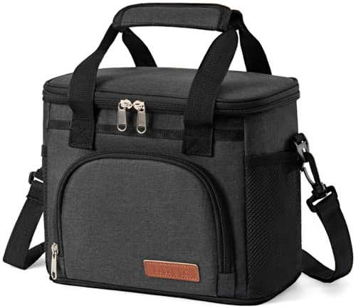 fitfets 9L faltbare Lunchtasche, isolierte Kühltasche & Picknicktasche für Herren und Damen unterwegs, für Lebensmittel, Getränke, Arbeit, Strand, Reise, Schwarz