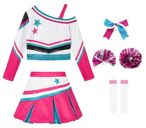 LOLANTA Costume da cheerleader scintillante per bambine con pompon, fiocco per capelli e calzini, travestimento, rosa, 7-8 anni, 130
