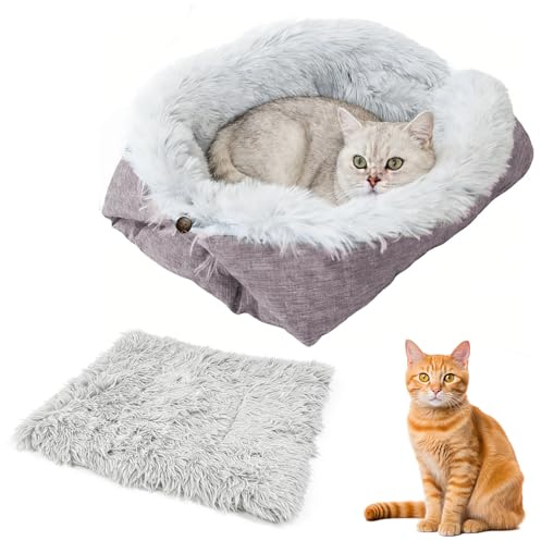 VGECEE Katzenbett Waschbar 2 in 1 Weich Katzenkissen Katzenmatte Schlafen 60 * 50cm Plüsch Haustierbett Klein Katzensofa Katzendecke Bett Katzenschlafplatz Winter für Katze und Kleine Hunde