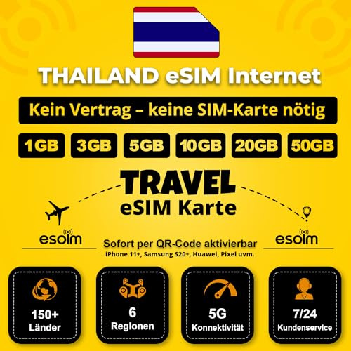 eSIM Karte Thailand – Nur Internet, Nur QR Code, Keine physische SIM - Travel SIM, bis zu 50 GB (50GB - 180 Tage)
