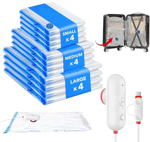 Petyoung Sac Sous Vide Vêtement Aspirateur avec Pompe USB, Lot de 12 Sacs de Rangement Sous Vide (4 * 40x40cm, 4 * 40x50cm, 4 * 40x60cm), Sacs Sous Vide Réutilisables pour Couettes, Oreillers, Voyages