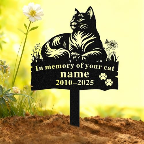Qodwei Custom Cat Grave Marker Outdoor, Personalized Metal Cat Memorial Grave Stake with Name and Date, Outdoor Weatherproof Personalized Cats Graves Memorial Plaque
