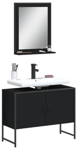 Ziaphsol 2-TLG. Badmöbel-Set Schwarz, Holzwerkstoff, 80x33x60cm Waschbeckenunterschrank mit Spiegel, Modernes Design, Viel Stauraum für Badezimmer