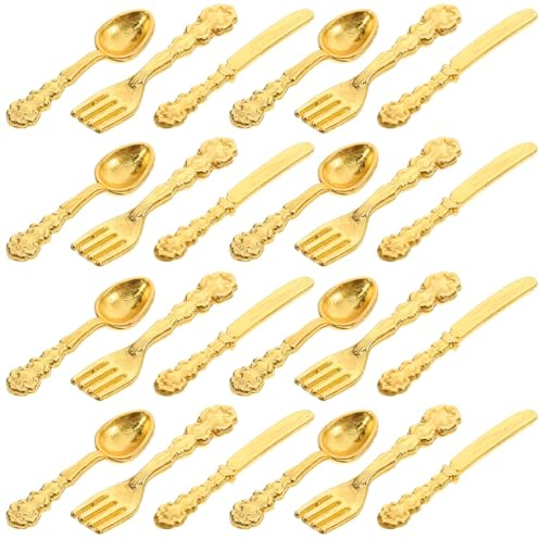 Parliky Set da 36 Pezzi Mini Posate in Lega per Casa delle Bambole Micro Stoviglie Dorate Accessori per Gioco e Modellismo Set di Utensili da Cucina in Miniatura per Tavolo da Pranzo