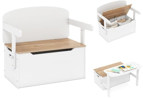 COSTWAY Wooden Toy Box, 3-in-1 Convertible Kids Bench/Desk Chair Set/Storage Chest with Lid, Multifunctional Children's Organizer Cabinet for Playroom Bedroom (White+Natural)