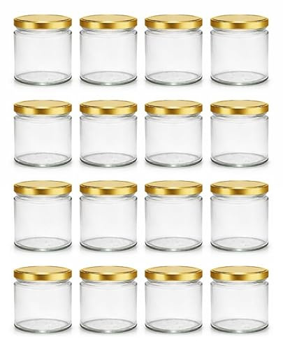 Einmachgläser 210 ml 16er Set mit goldenen Schraubdeckeln TO 66 - Marmeladengläser, Gewürzgläser, Honiggläser - kleine Gläser luftdicht, spülmaschinenfest
