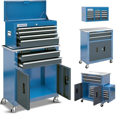 LARBANKE Carro de taller con 8 cajones, ruedas giratorias de 360°, patas amortiguadoras y sistema de bloqueo, encimera de acero inoxidable, mesa de trabajo extensible para garaje, color azul