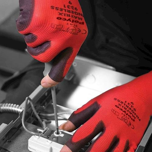 Polyco Matrix® Fingerless (3 finger open) Black & Red PU Polyurethane Palm Coated Work Gloves - 12 Pairs (8/Bium)