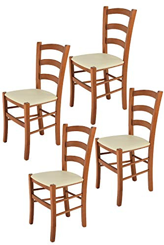 t m c s Tommychairs - Set 4 sillas Venice para Cocina y Comedor, Estructura en Madera de Haya Color Cerezo y Asiento tapizado en Polipiel Color Marfil