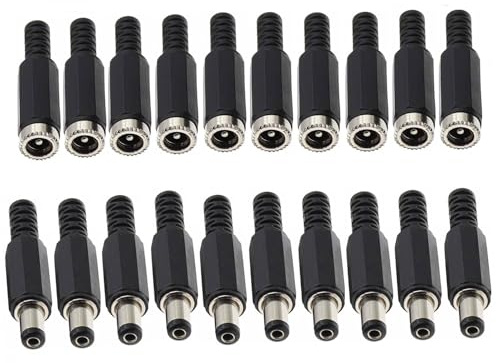 Taikuwu10 Pcs 5.5x2.1mm DC Female Jack+10 Pcs 5.5x2.1mm DC Male Connctors Solder Type DIY DC Barrel Power Supply Socket for CCTV, DVR Camera