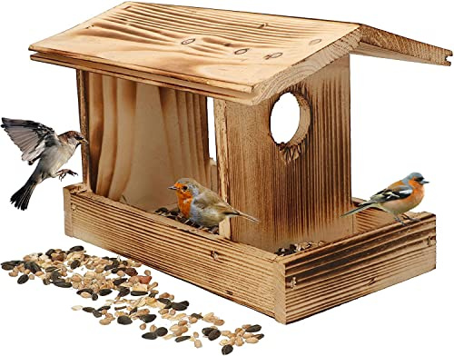 KOTARBAU® Petite mangeoire pour oiseaux en bois brûlé + 0,5 kg de nourriture gratuite