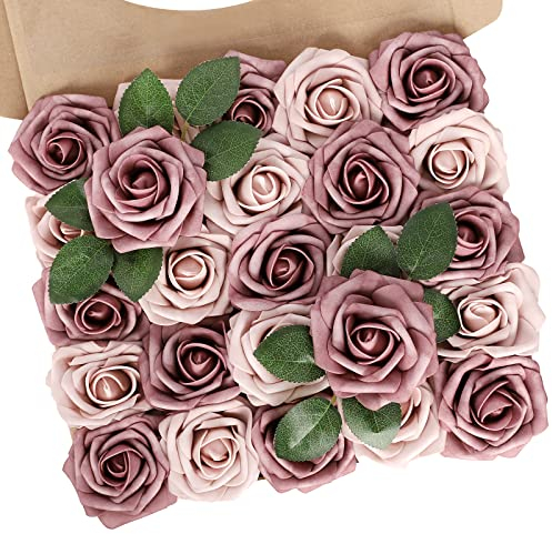 N&T NIETING Künstliche Blumen, 25 Stück Echte Rosenblüte mit Stiel für DIY-Hochzeitssträuße, Brautparty-Mittelstücke, Blumenarrangements, Partytische, Heimdekorationen (Taupe&Nackt)