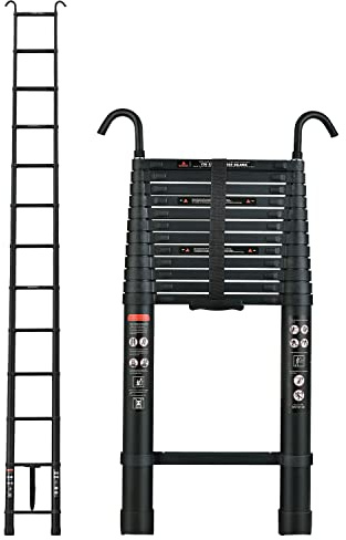 Échelle Télescopique de 16,4FT/5M, Capacité de 330lbs, Échelle Extension en Aluminium avec 2 Crochets Détachables, Echelles Pliables Rétractables Polyvalentes Loft Ladder, Noir