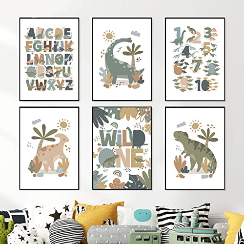 CAYBES 6 Stück Babyzimmer Alphabet Nummer Kinderzimmer Druck Nordische Poster Dinosaurier Wandkunst Leinwand Gemälde Bilder Baby Kinderzimmer Dekor Wandbilder-40x60cmx6 (Kein Rahmen)