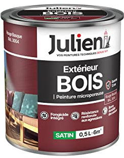 Julien Peinture Bois Microporeux Extérieur Satin - Portes, fenêtres, portails, mobilier de jardin - Rouge Basque 0,5 L