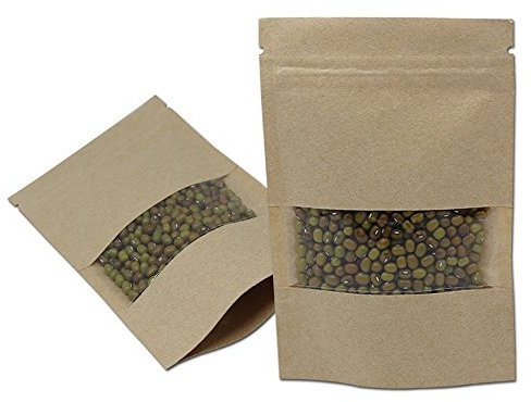 WACCOMT Pack 50 Stück Kraftpapier Reißverschluss Aufrecht Stehende Tüten mit Kunststoff Fenster Lebensmittelaufbewahrungstüten Beutel Nüsse Kaffee Verpackung 12x20cm (4.7x7.8 inch)