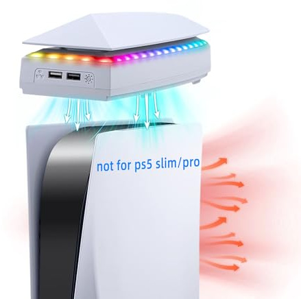 Mcbazel Top RGB kylfläkt för PS5, Top Cooler kylfläkt med RGB-ljus, 3 hastighets justerbar fläkt, dubbla USB 2.0-portar för PS5-konsol - vit(Inte för PS5 Slim)