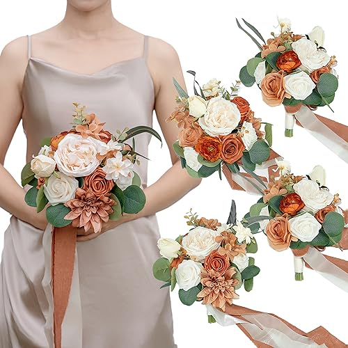 BENCENTRE Terrakotta-Brautjungfernstrauß für Hochzeit, 17,8 cm, 4 Stück, kleiner Hochzeitsstrauß, für Heiratsantragsparty und Vintage-Hochzeitszeremonie, Jahrestag, künstliche Blumen