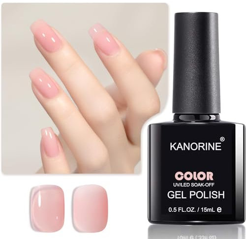 KANORINE Sheer Pink Nude Gel Nail Polish, Jelly Neutral Peach Translucent Color UV LED Light Cure Gel Polish for Nail Art DIY Manicure and Pedicure at Home 15ML