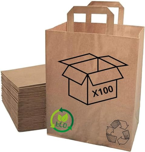 Sac Cabas Kraft Recyclé | Fond Plat - Poignées Plates | Lot de 100 Sacs | Apte Contact Alimentaire | Commernces - Vente à Emporter (26 + 14 X 29)