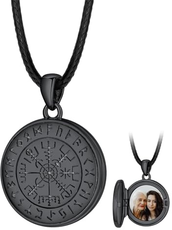 FaithHeart Personalisierter Kette Foto Medaillon Herren Damen 925 Silberkette/Kupferkette Wikinger Mjölnir Halskette mit Rune/Vegvisir/Keltisch Schmuck für Geburtstag Weihnachten