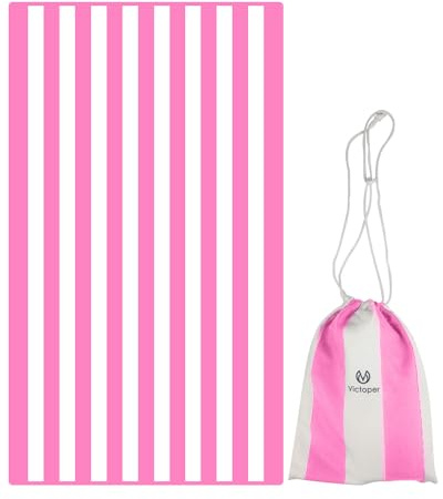 Victoper Microfiber Beach Towel Oversized Rapid Drying Sand Free Soft Compact Lightweight Qualities Beach Towels for Adults Ideal for Swimming Beach Yoga Camping Gym Carry Bag Pink Stripes 63x35 Inch